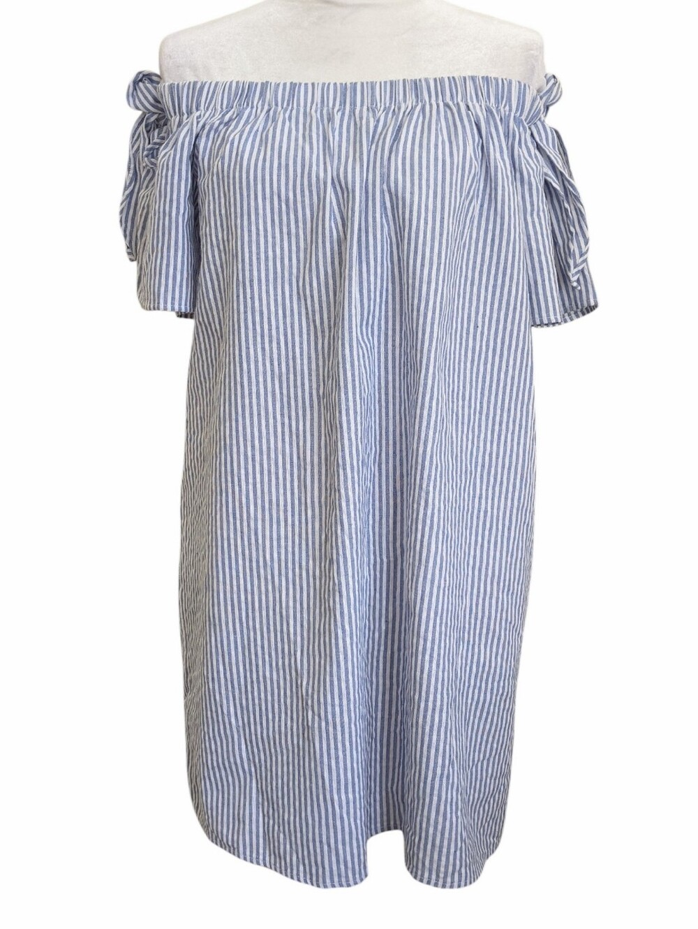 She and Sky Off Shoulder Summer Mini Dress Blue & White Stripe Size Large